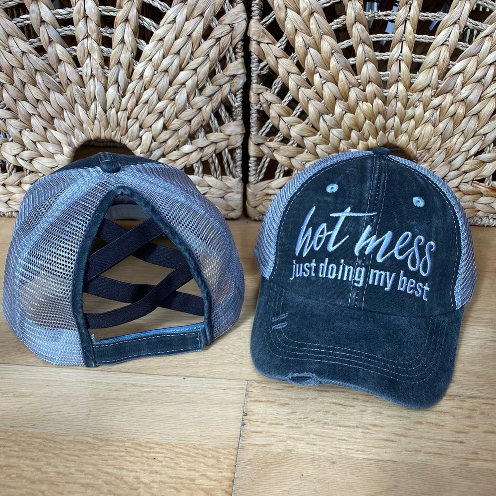 “Hot Mess Just Doing My Best” Ponytail Trucker Hat